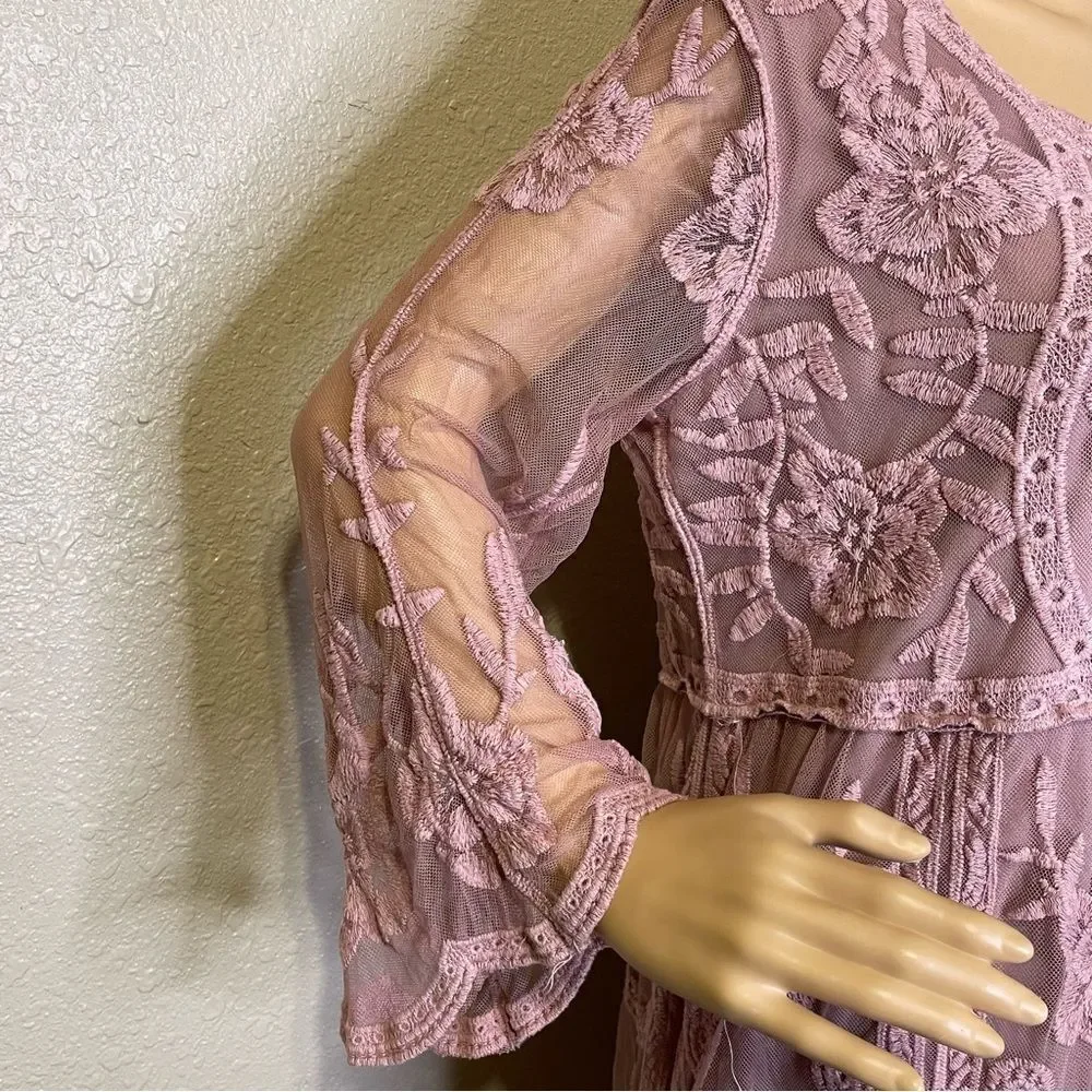 Jodifl Boho Hippie Blush Pink Dress Embroidered Sheer Mesh Over Lining Sz M/L